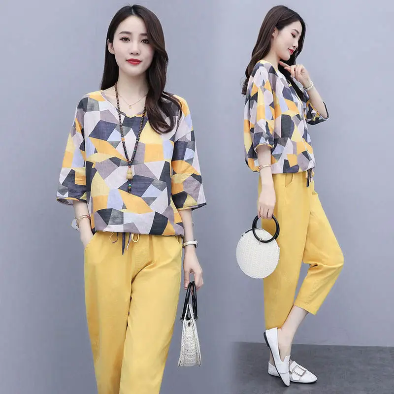 2021 Summer Printed Loose Slim Women Suit Yellow Geometric - Image 5