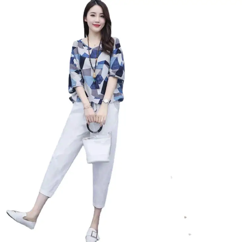 2021 Summer Printed Loose Slim Women Suit Yellow Geometric - Image 7