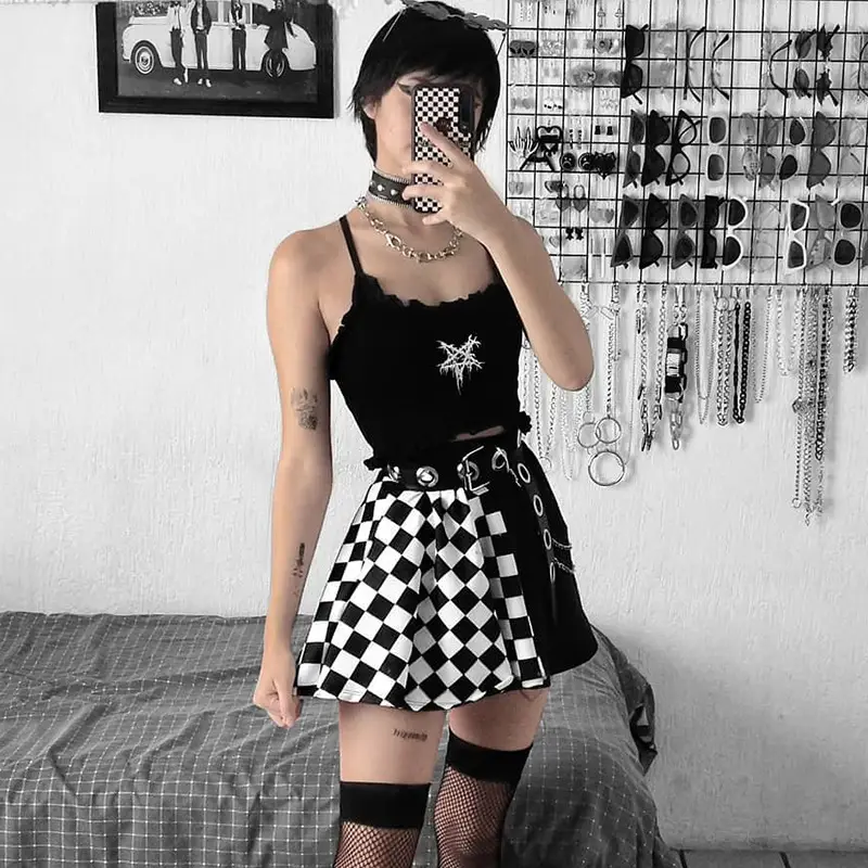 Black Houndstooth Checkered Skirt for Women Summer 2024
