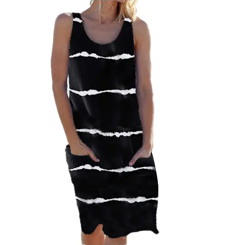 Black Striped Sleeveless V-Neck Vest Dress for Women - Image 9