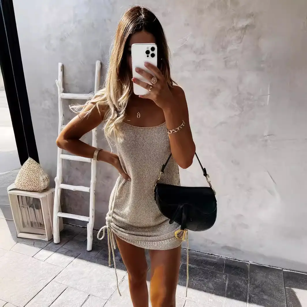 Blue Suspender Drawstring Mid Waist Dress for Women - Image 16