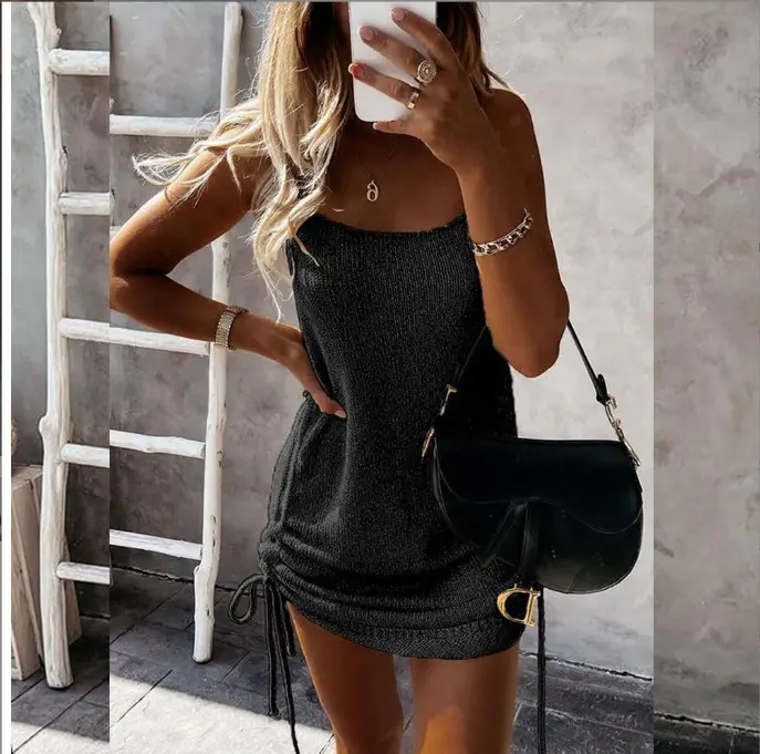 Blue Suspender Drawstring Mid Waist Dress for Women - Image 5