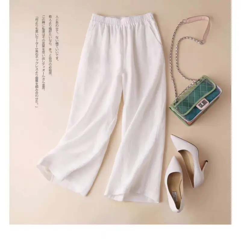 2024 Plus Size Linen Wide Leg Pants White - Image 5