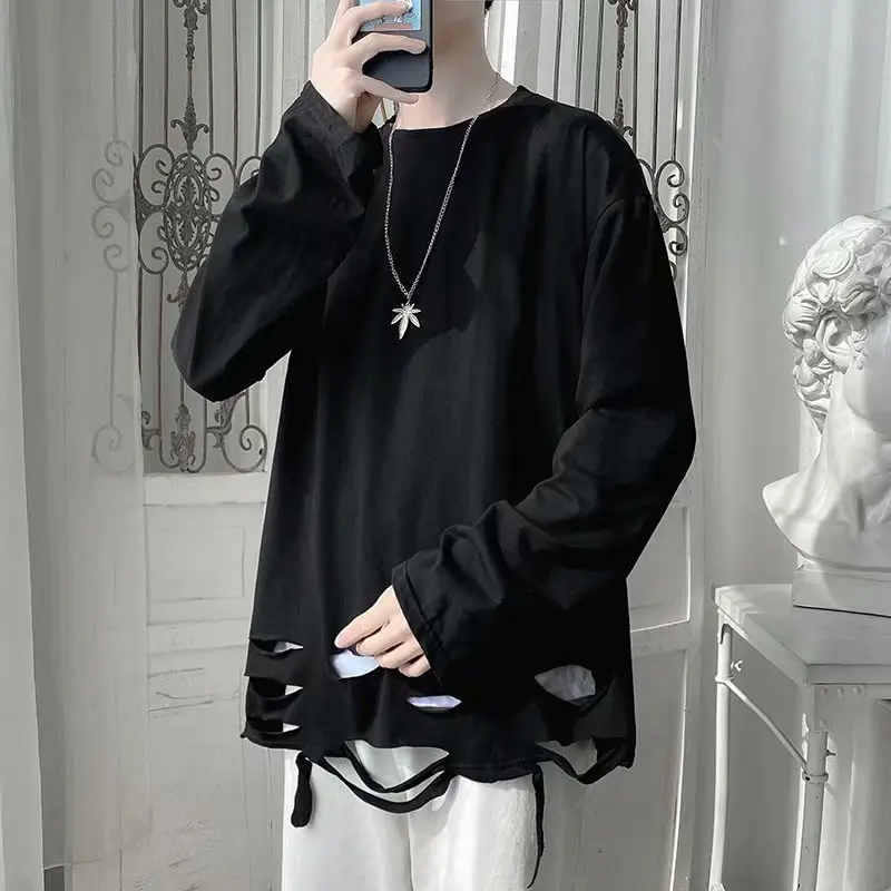 Black Ripped Long Sleeve T-Shirt for Men Teenagers - Image 3