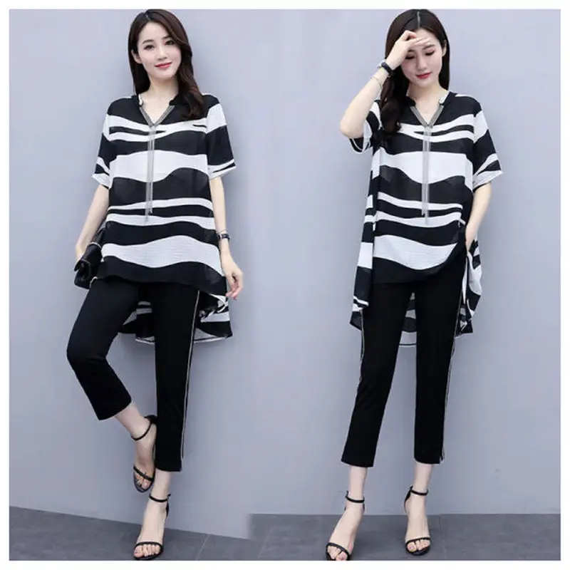 Women's 2-Piece Summer Top & Leg Pants Set Black White - Image 3