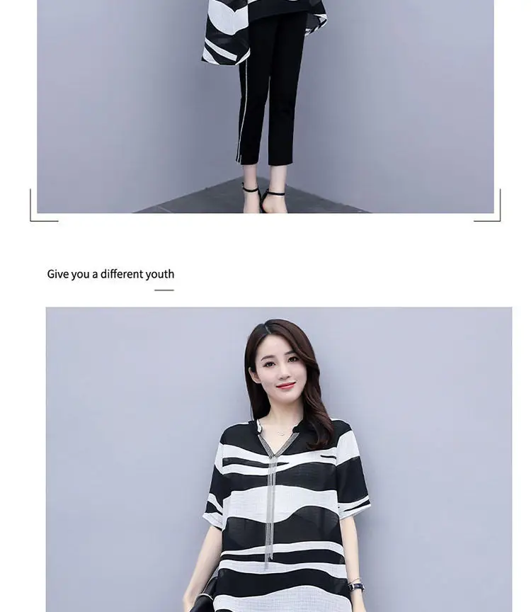 Women's 2-Piece Summer Top & Leg Pants Set Black White — feature 10