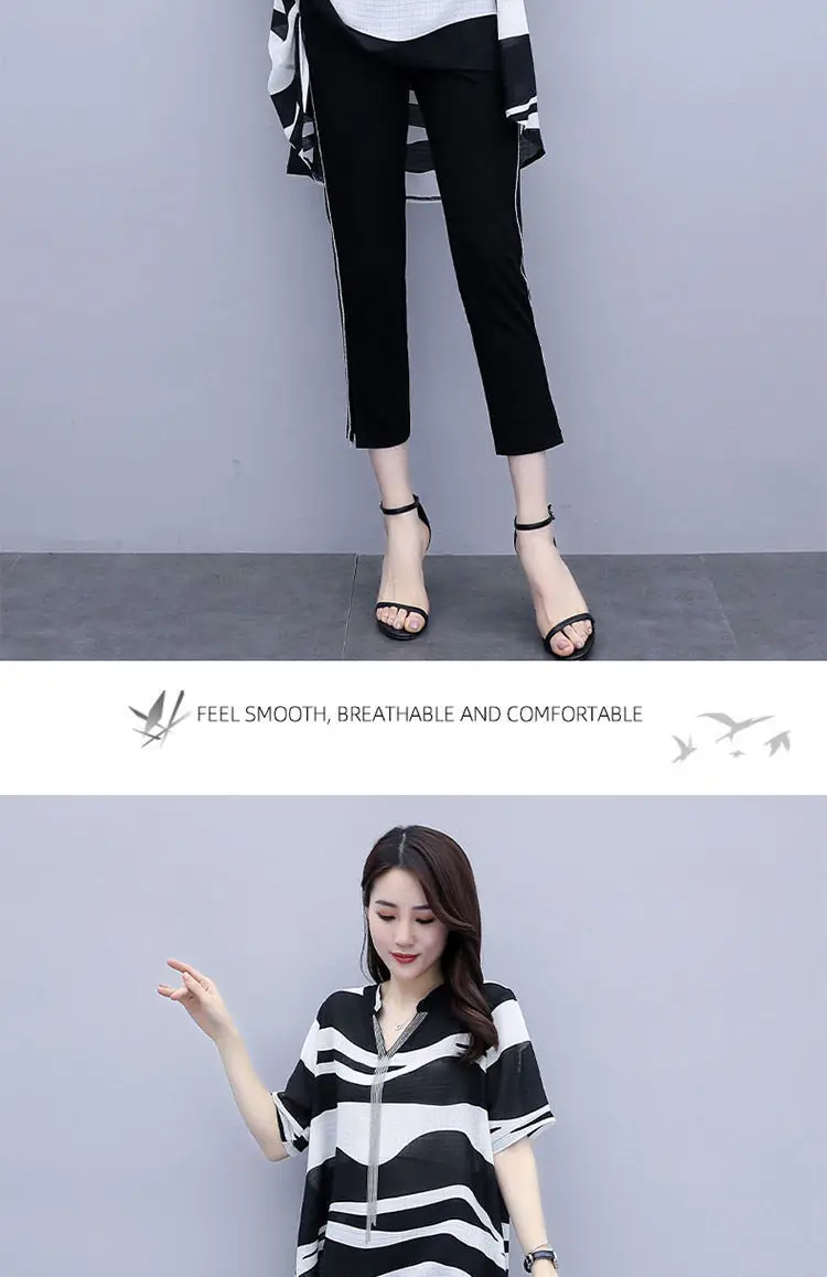 Women's 2-Piece Summer Top & Leg Pants Set Black White — feature 6