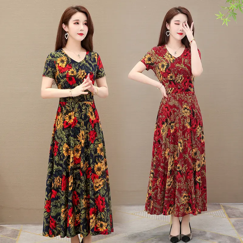Women's Printed Long Dress Red Floral Large Size - Image 4