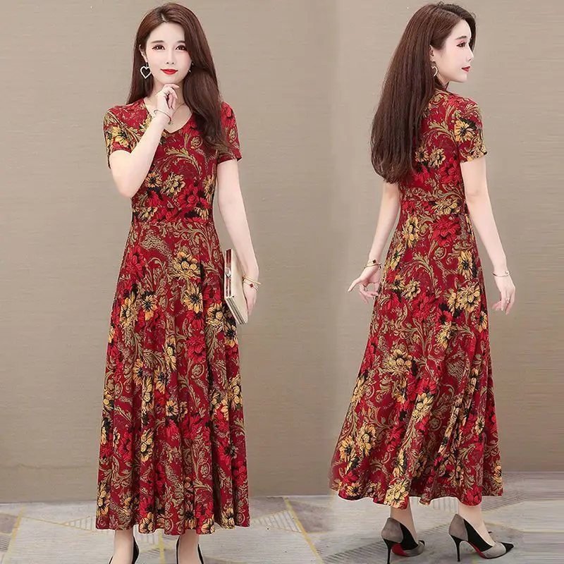 Women's Printed Long Dress Red Floral Large Size - Image 5