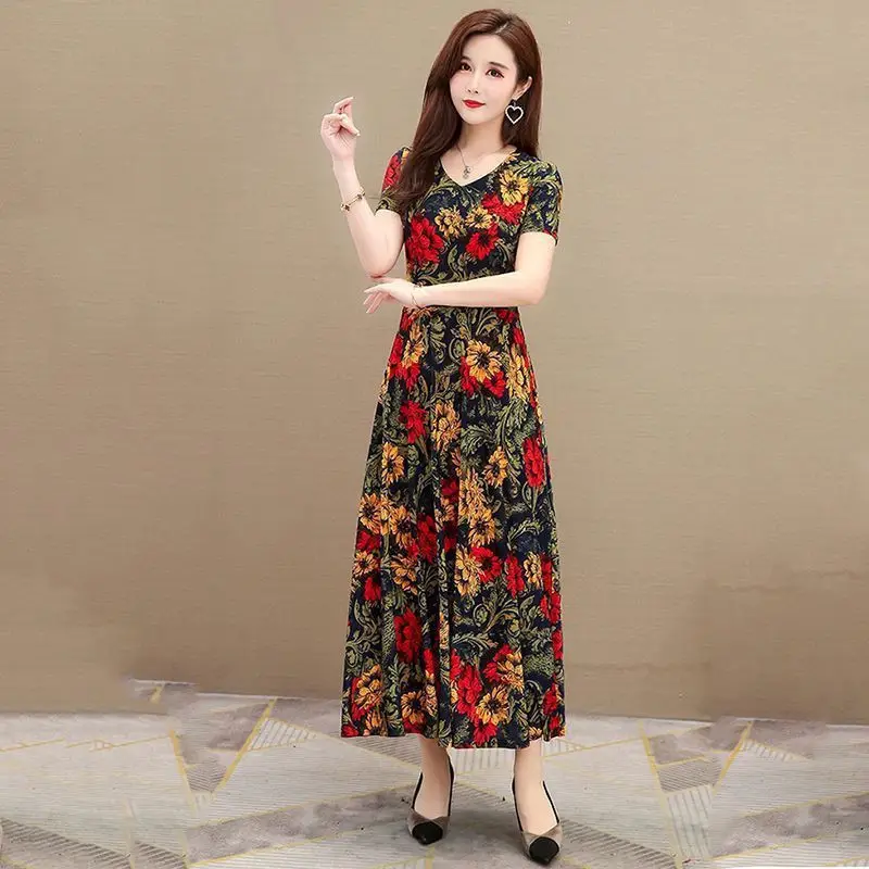 Women's Printed Long Dress Red Floral Large Size - Image 6