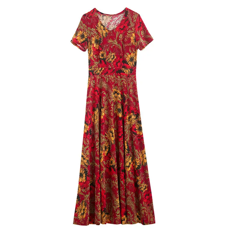 Women's Printed Long Dress Red Floral Large Size - Image 7