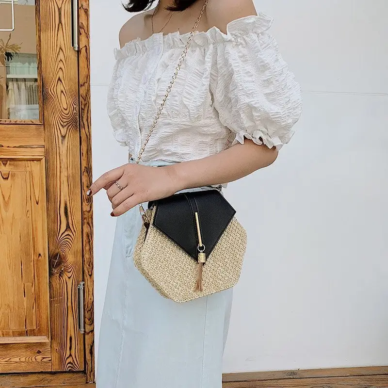 Korean Style Woven Hexagon Bag with Tassel Chain - Image 6