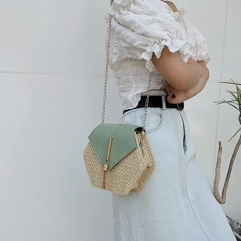 Korean Style Woven Hexagon Bag with Tassel Chain - Image 7