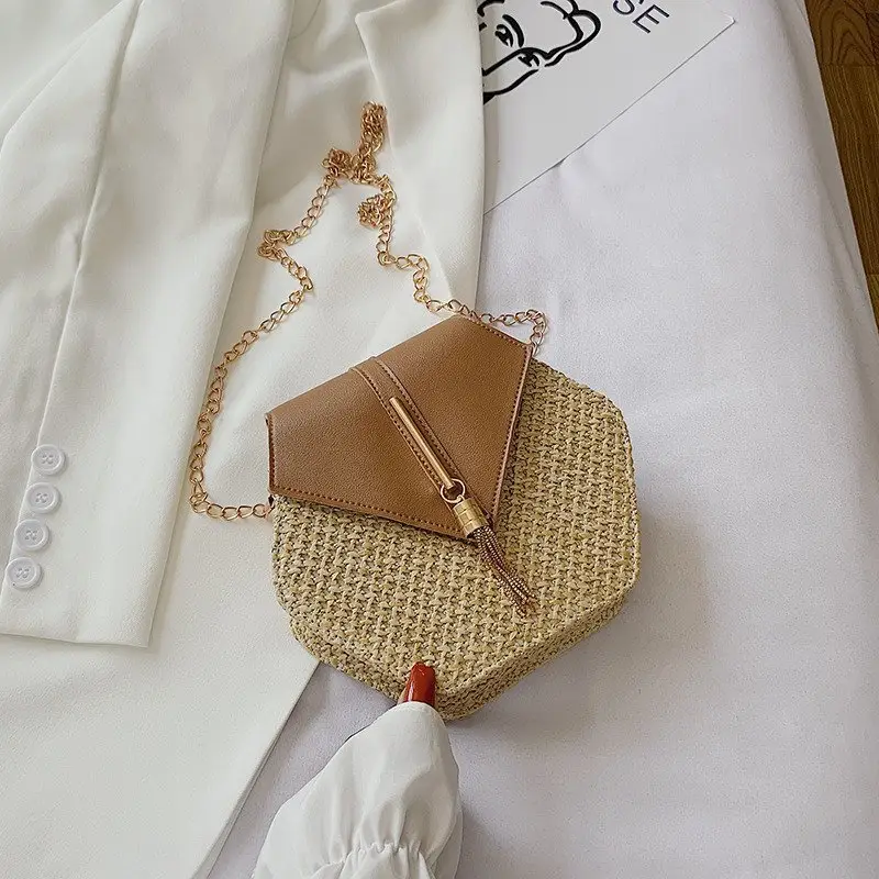 Korean Style Woven Hexagon Bag with Tassel Chain - Image 8