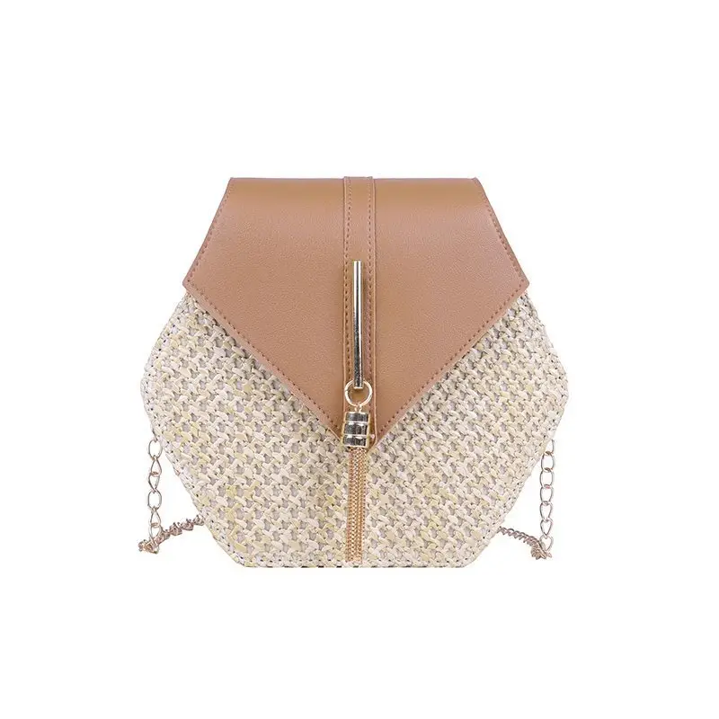 Korean Style Woven Hexagon Bag with Tassel Chain - Image 4