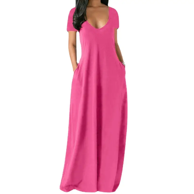 Pink Plus Size Women's Long Skirt Dress with Deep V Neck