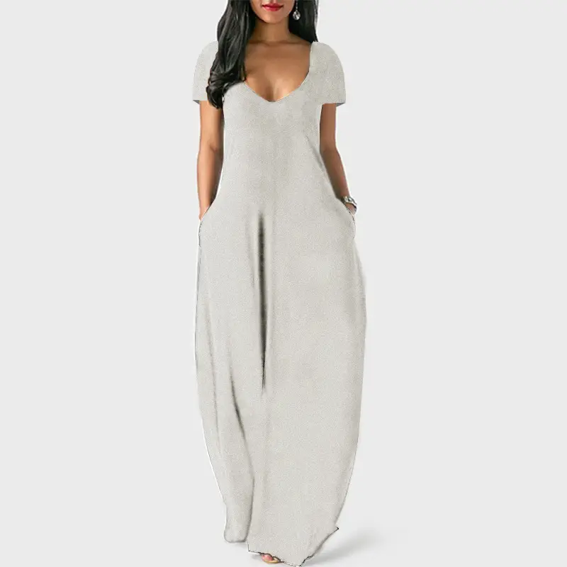 Pink Plus Size Women's Long Skirt Dress with Deep V Neck