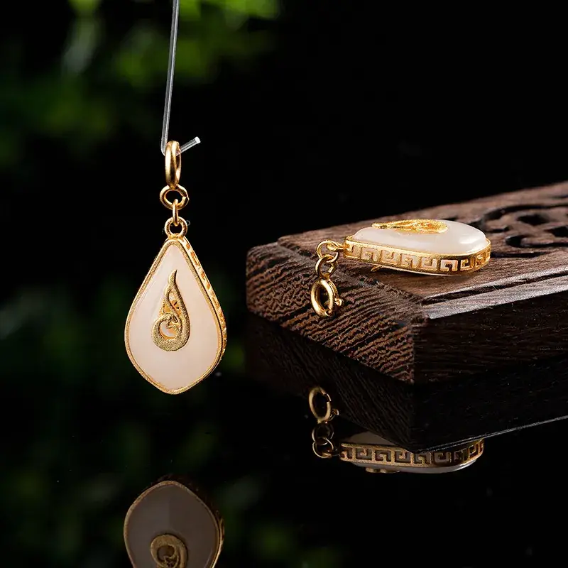 Natural Hetian Jade White Jade 925 Silver Plated Ancient Gold Handmade Edge Inlaid - Image 2