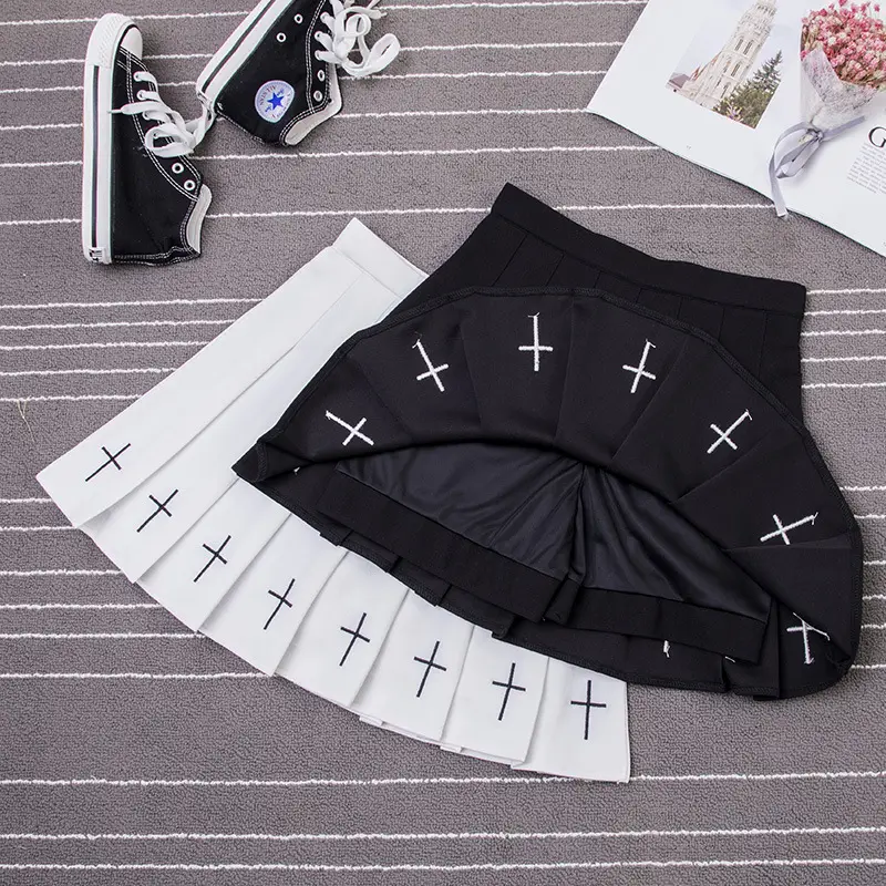 Black Cross Embroidered Pleated Skirt High Waist Women