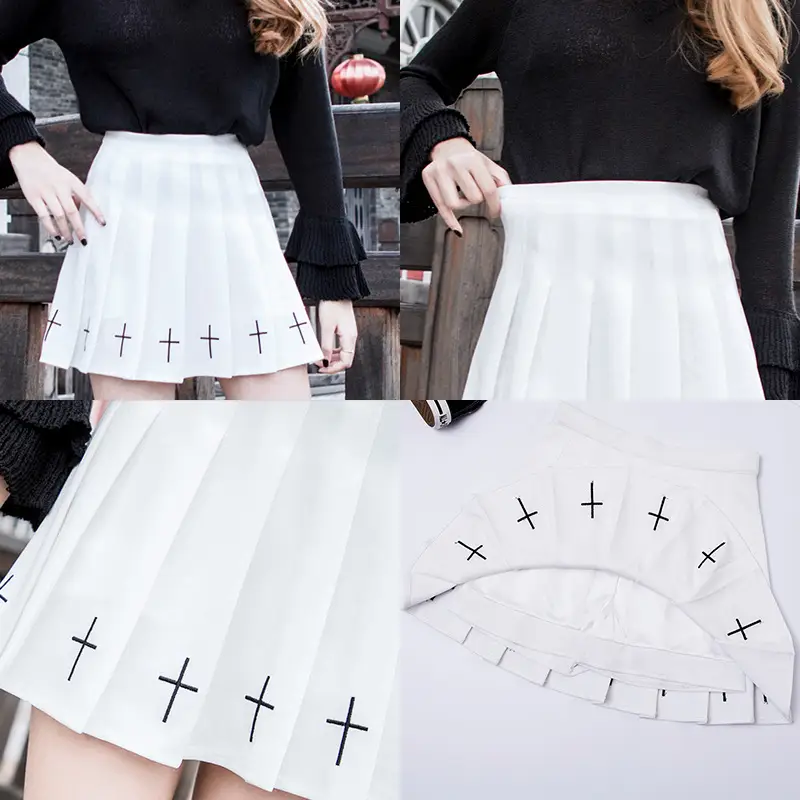 Black Cross Embroidered Pleated Skirt High Waist Women
