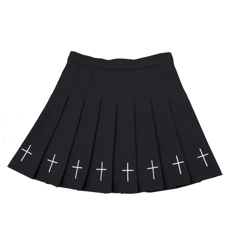 Black Cross Embroidered Pleated Skirt High Waist Women