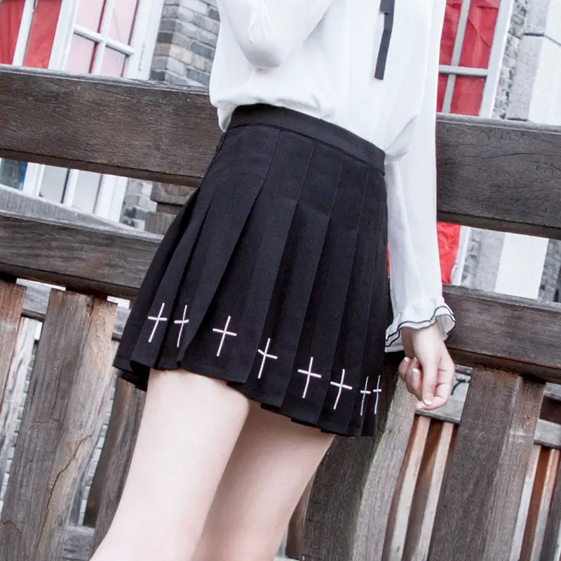 Black Cross Embroidered Pleated Skirt High Waist Women