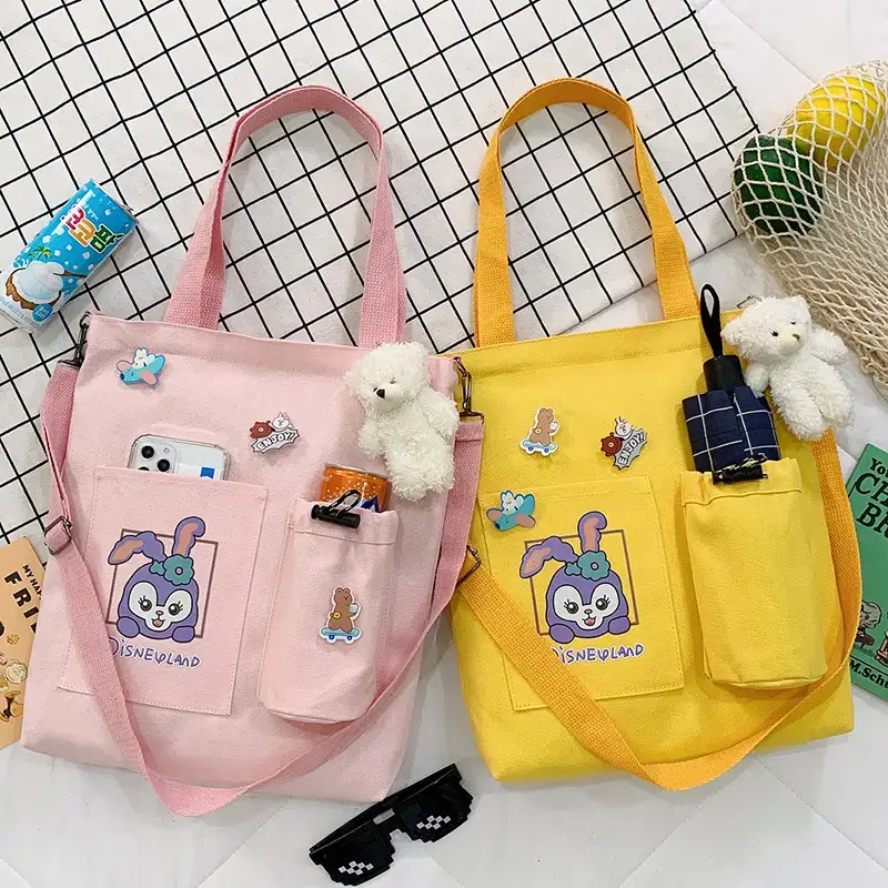 Rabbit Printed Canvas Tote Bag Pink Yellow - Image 6