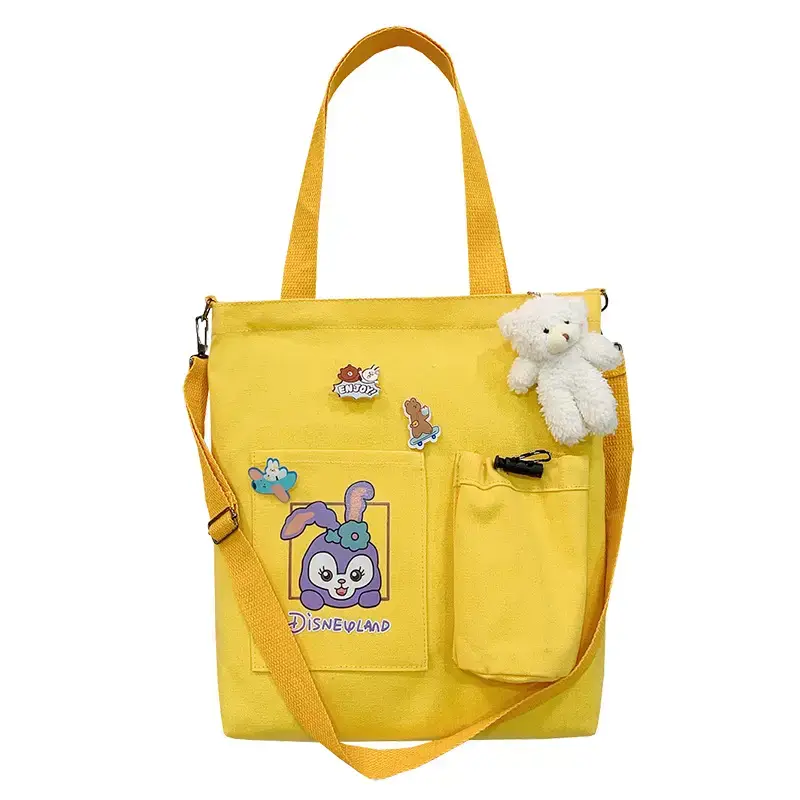 Rabbit Printed Canvas Tote Bag Pink Yellow - Image 9