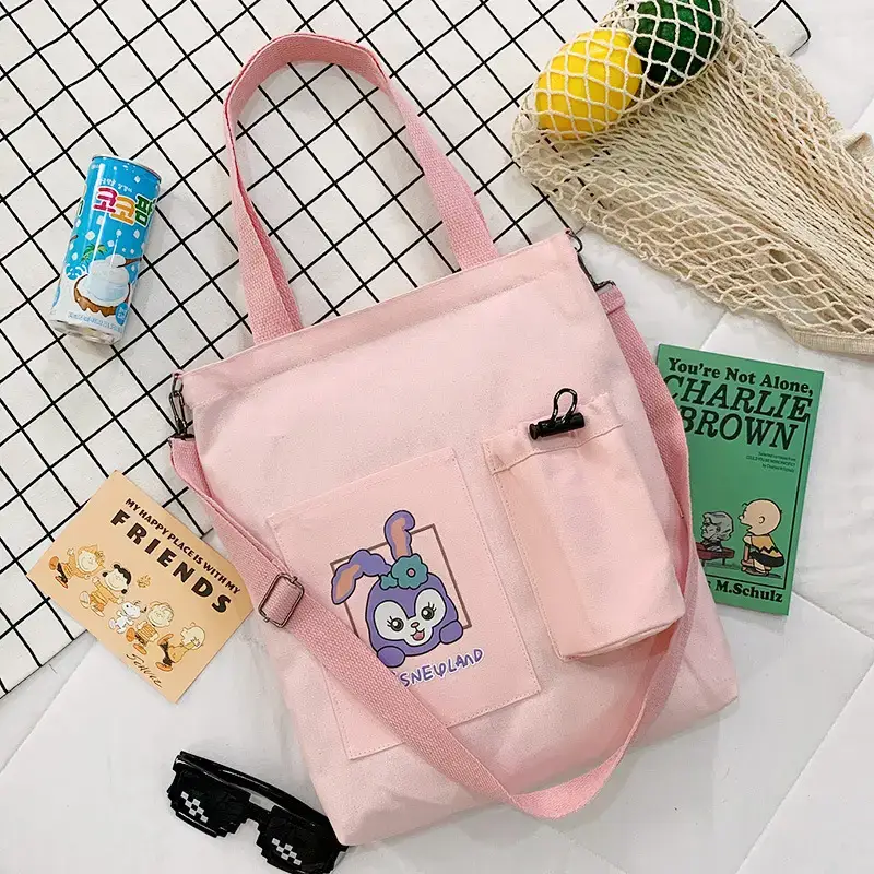 Rabbit Printed Canvas Tote Bag Pink Yellow - Image 2