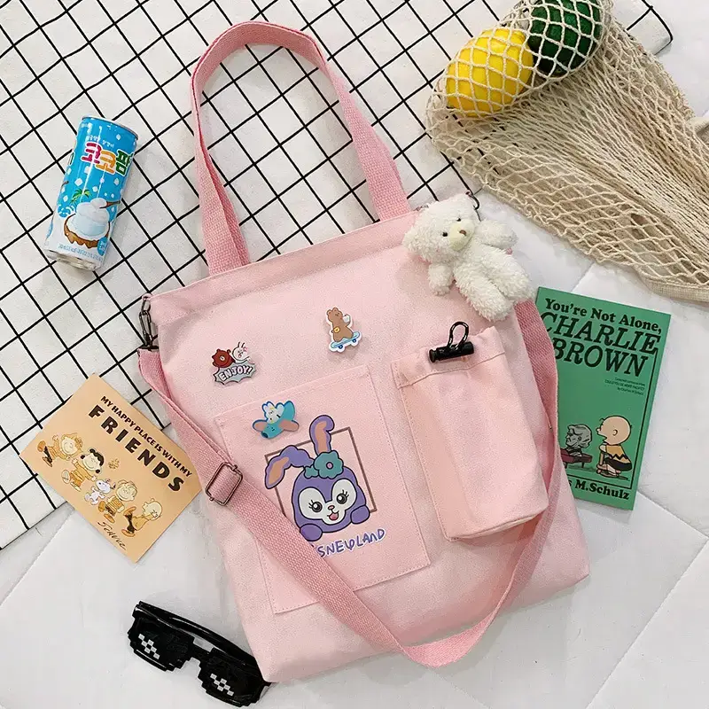 Rabbit Printed Canvas Tote Bag Pink Yellow - Image 5