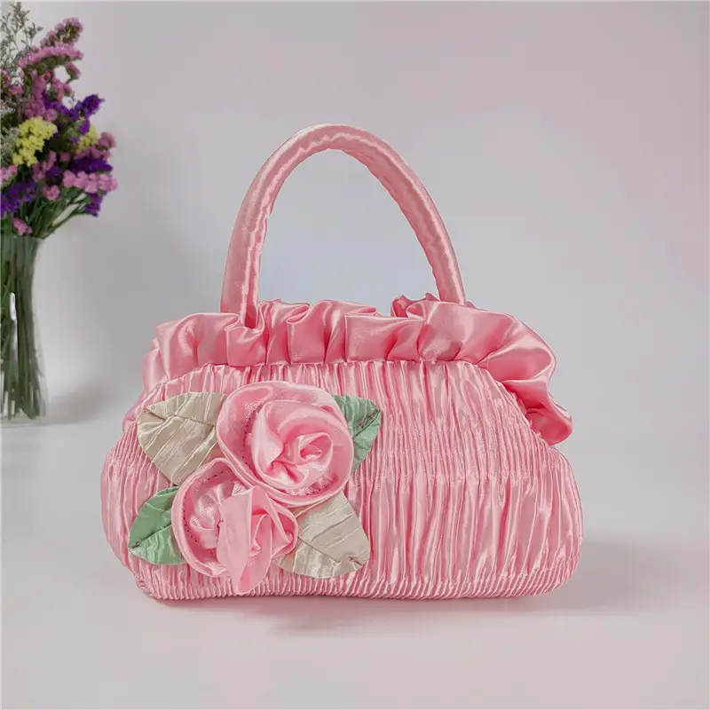 Pink Korean Style 7" Mobile Phone Bag with Handmade Flowers - Image 4