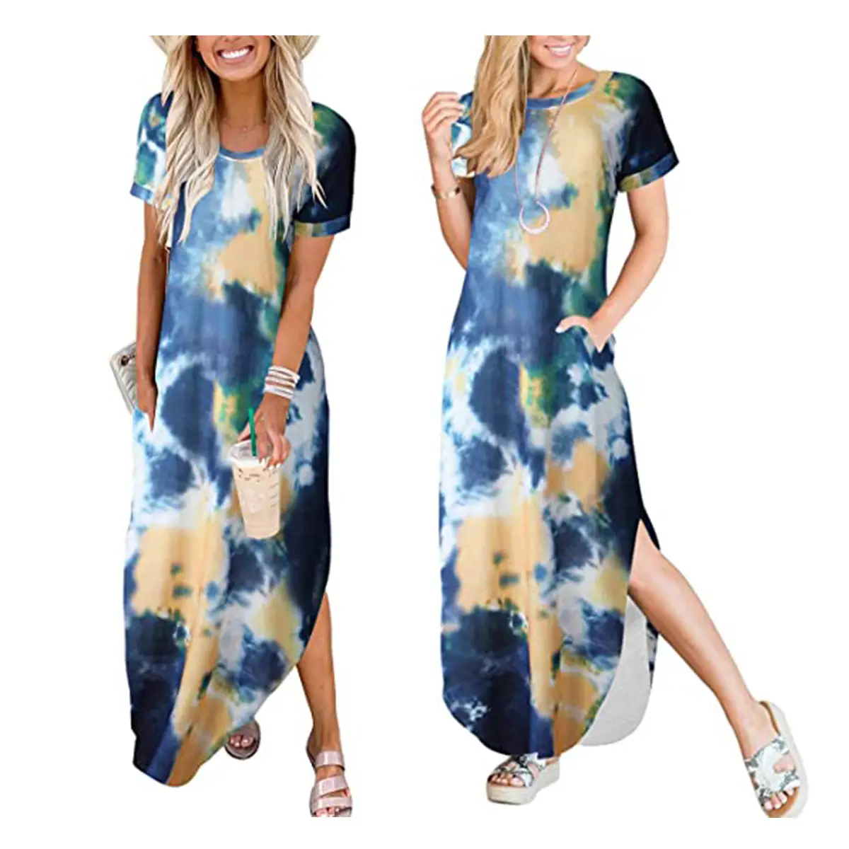 2021 Tie-dye Printed Women's Split Dress Pocket Long Set - Image 7