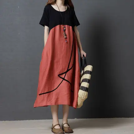 Summer Loose Cotton Linen Round Neck Dress for Plus Size Women - Image 4