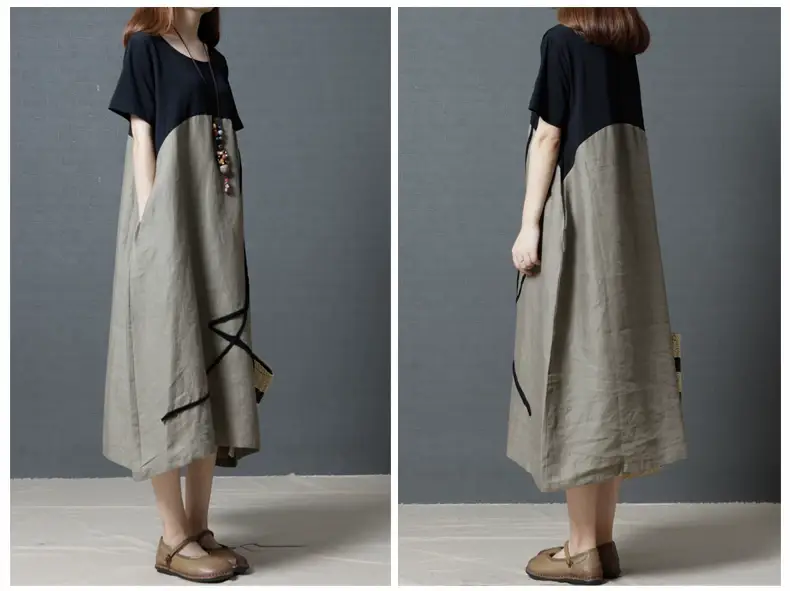 Summer Loose Cotton Linen Round Neck Dress for Plus Size Women — feature 12