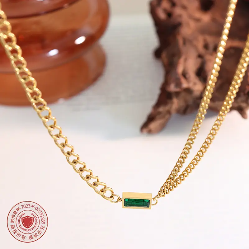 Titanium Steel Double Chain Bracelet with Green Zircon - Image 10