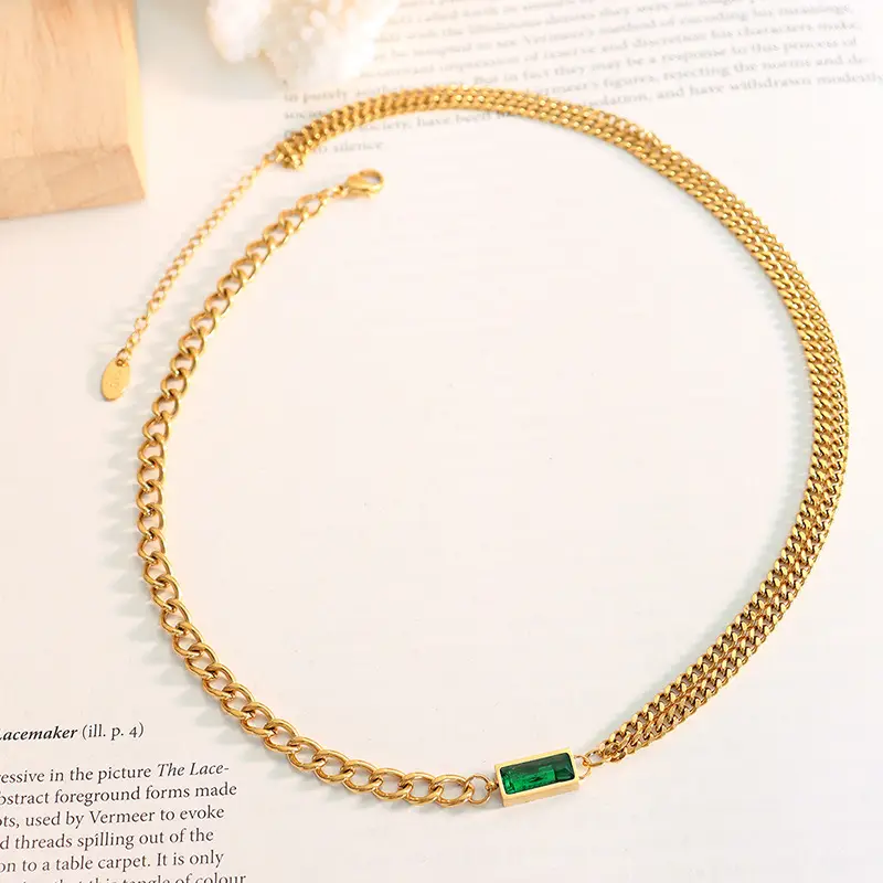 Titanium Steel Double Chain Bracelet with Green Zircon - Image 11