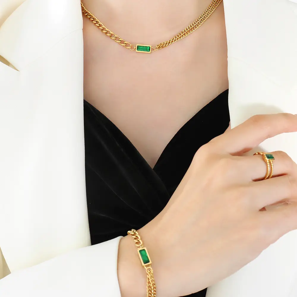 Titanium Steel Double Chain Bracelet with Green Zircon - Image 12