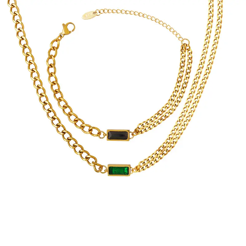 Titanium Steel Double Chain Bracelet with Green Zircon - Image 13