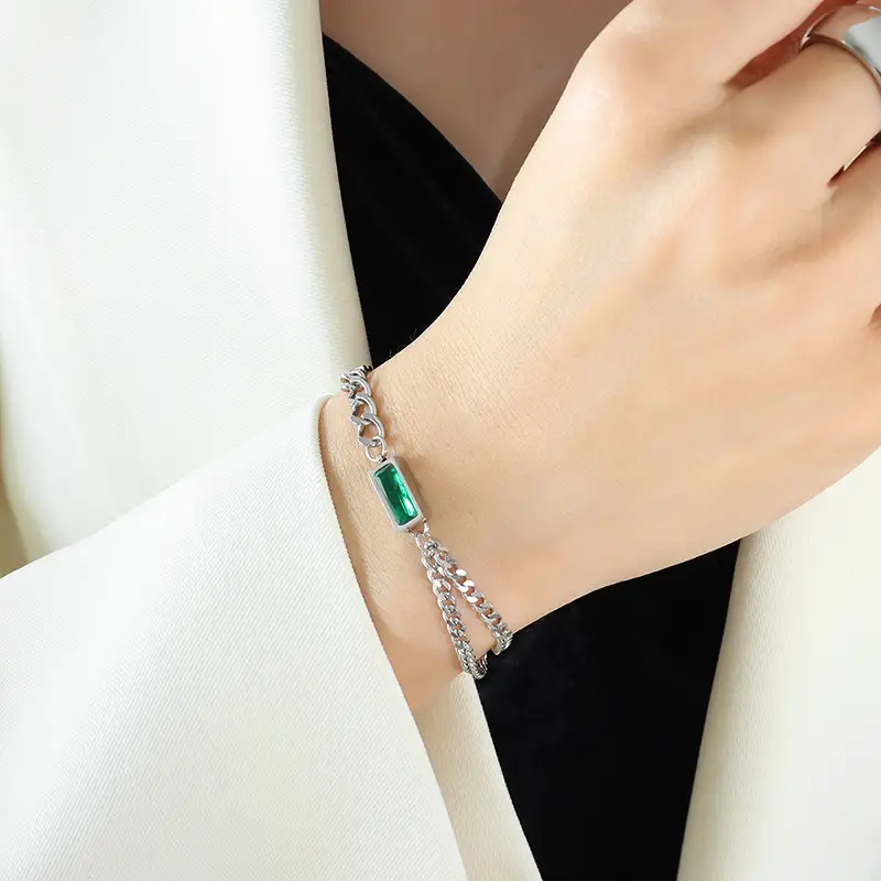 Titanium Steel Double Chain Bracelet with Green Zircon - Image 2