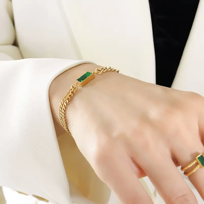 Titanium Steel Double Chain Bracelet with Green Zircon - Image 4