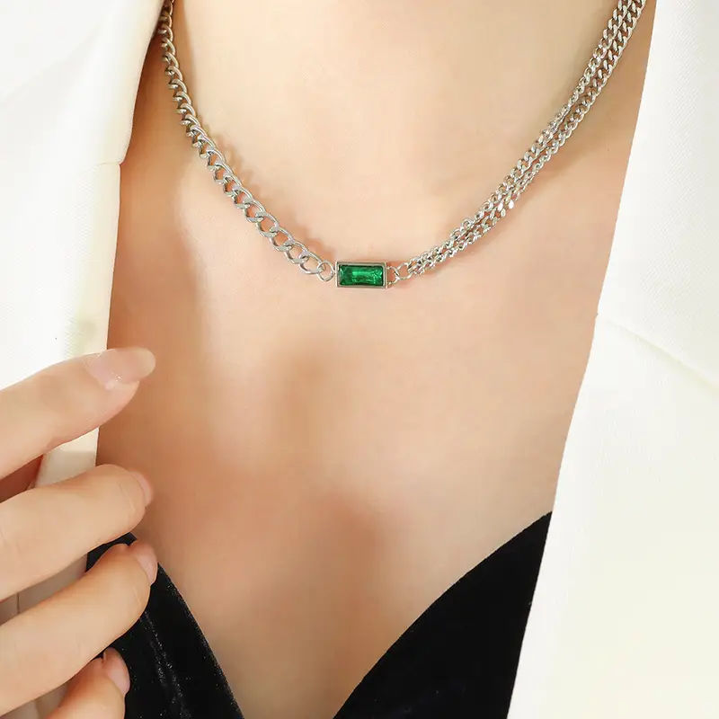 Titanium Steel Double Chain Bracelet with Green Zircon - Image 6