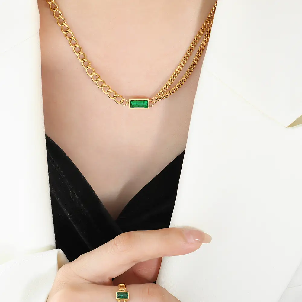 Titanium Steel Double Chain Bracelet with Green Zircon - Image 8