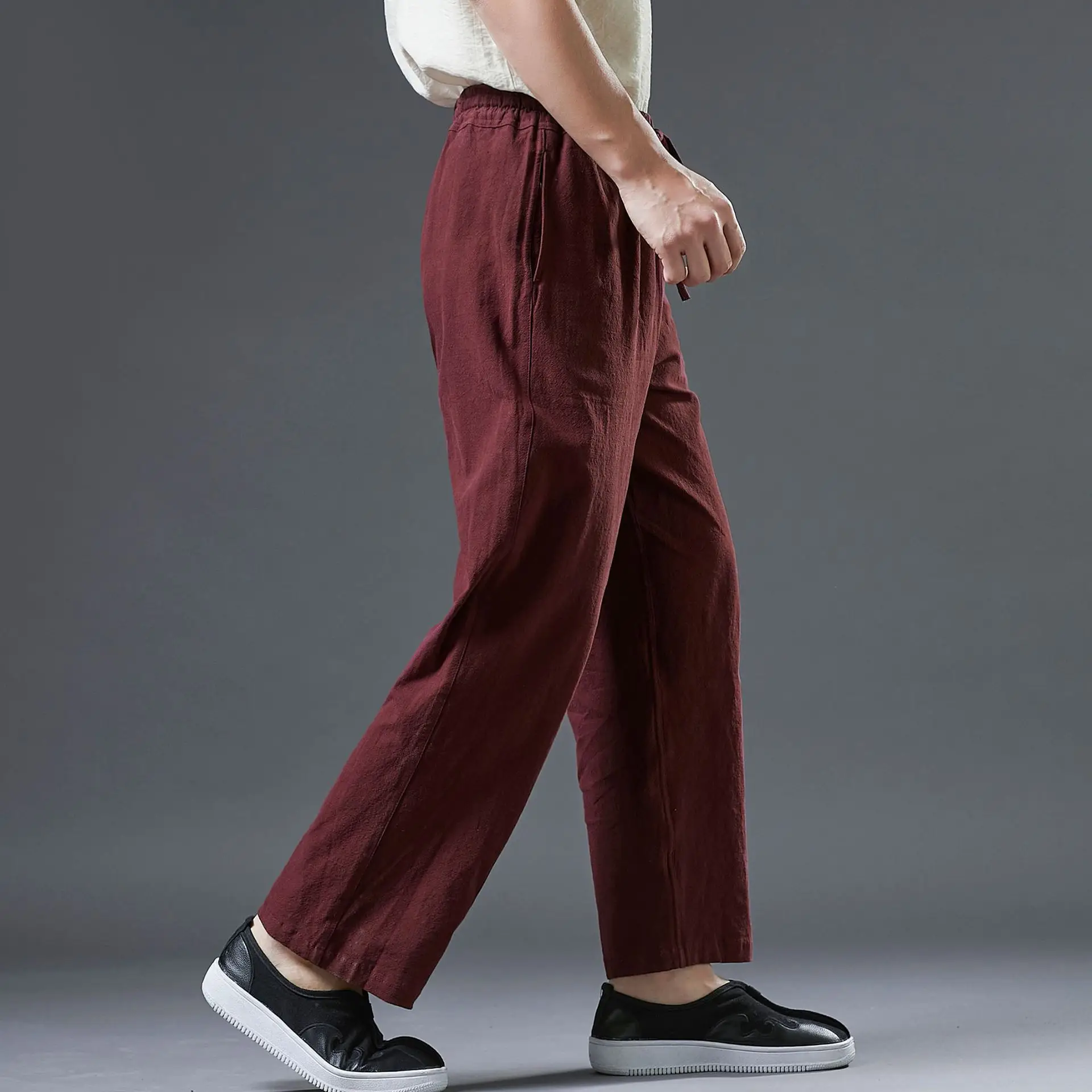 Ma Fan Linen Straight Leg Pants Maroon Mid Waist - Image 3