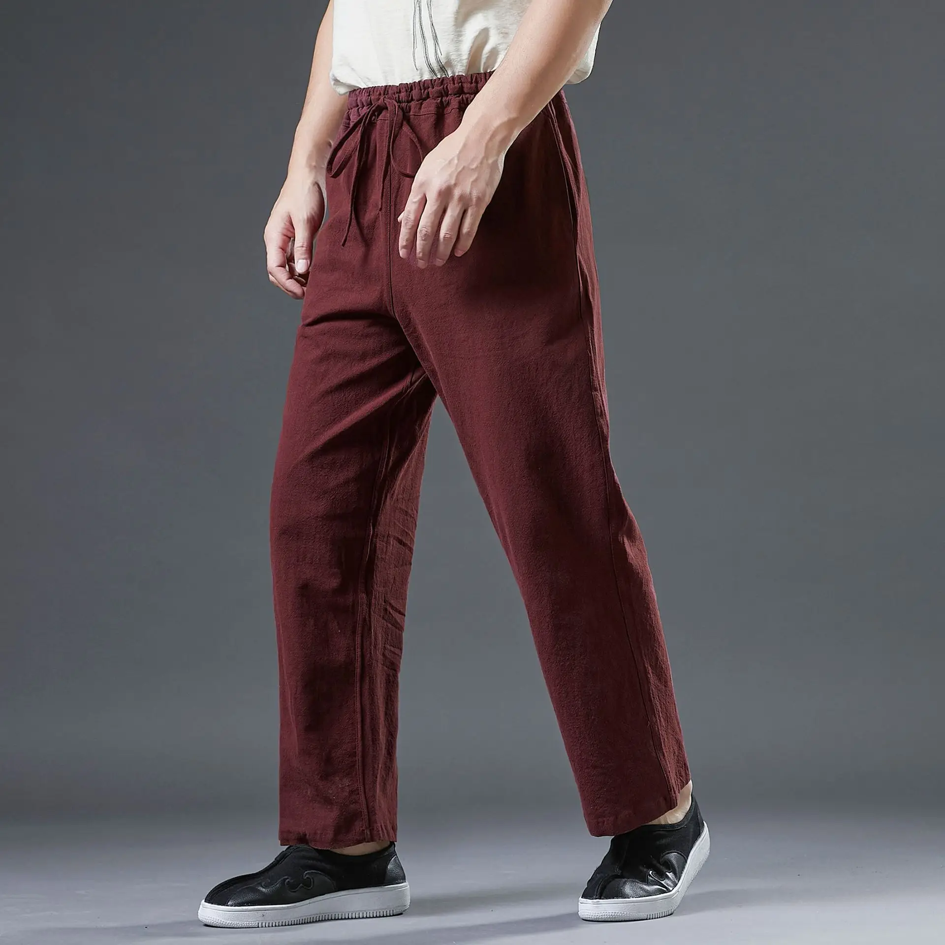 Ma Fan Linen Straight Leg Pants Maroon Mid Waist - Image 4
