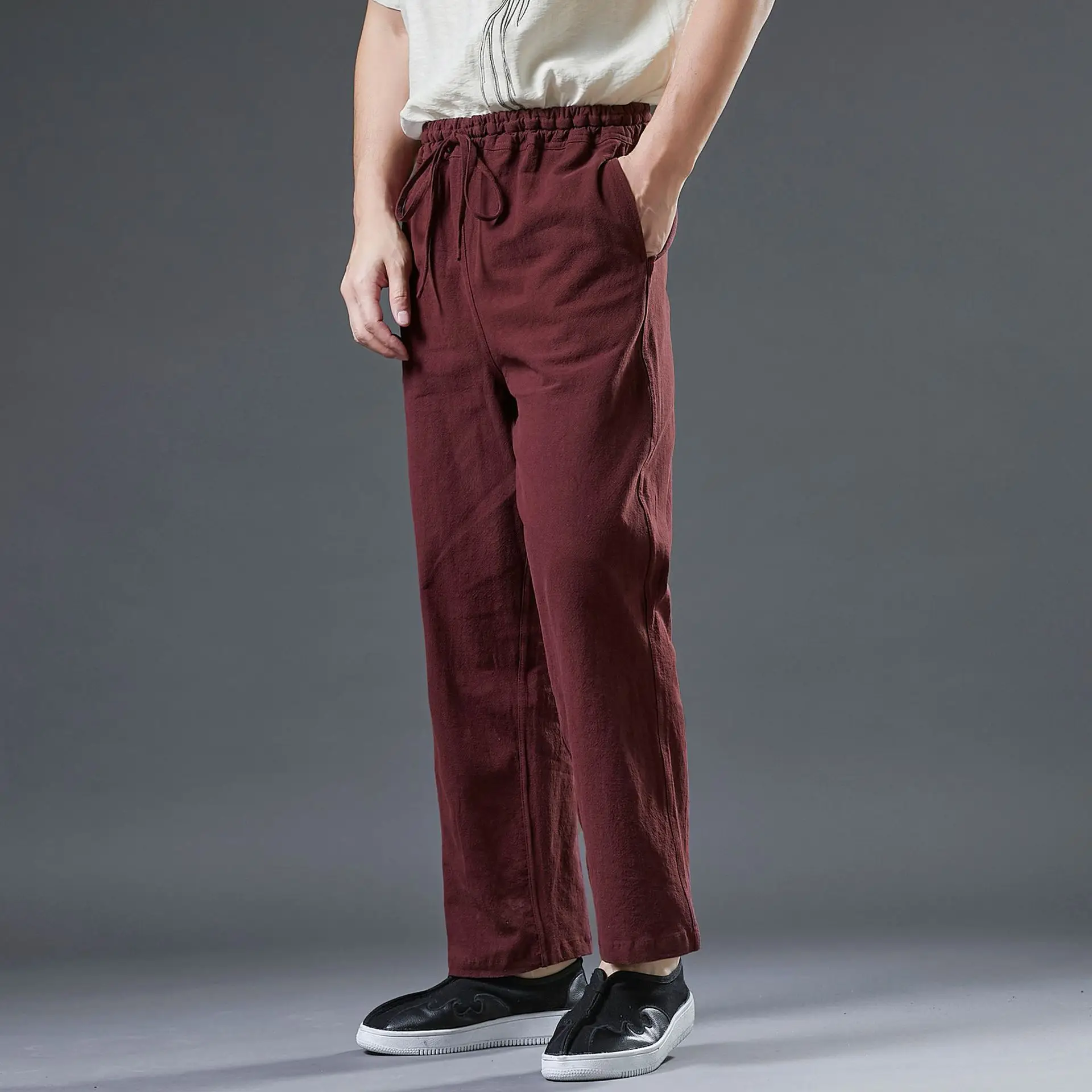Ma Fan Linen Straight Leg Pants Maroon Mid Waist - Image 5