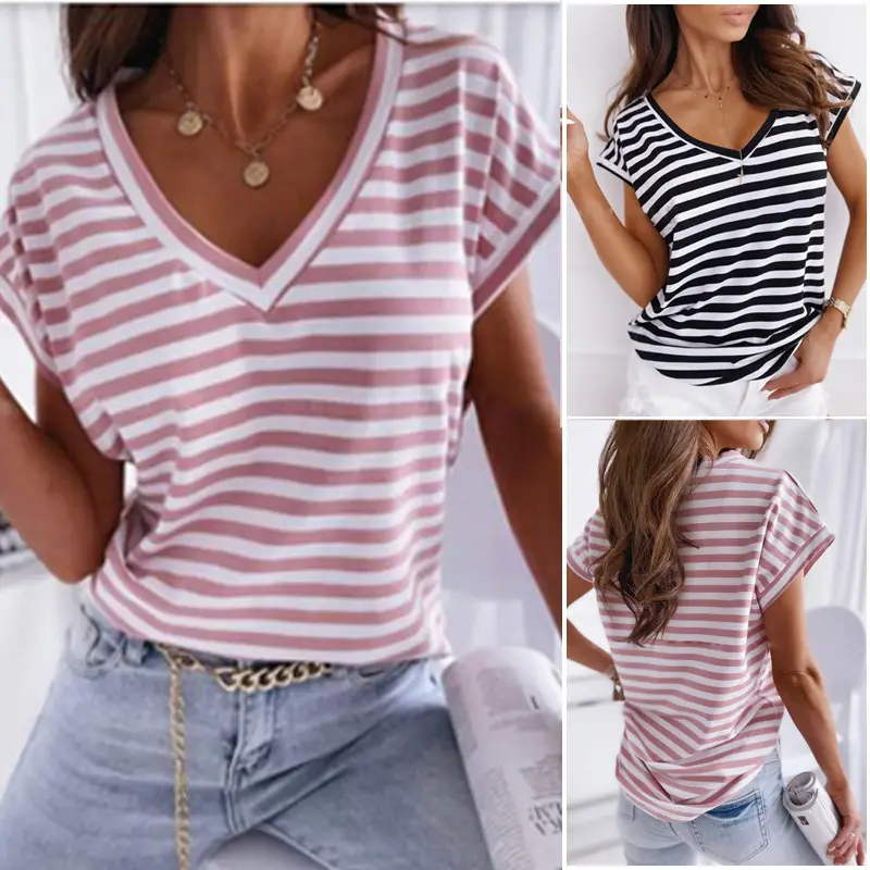 Women Striped V-Neck T-Shirt Summer Short Sleeve - Image 3