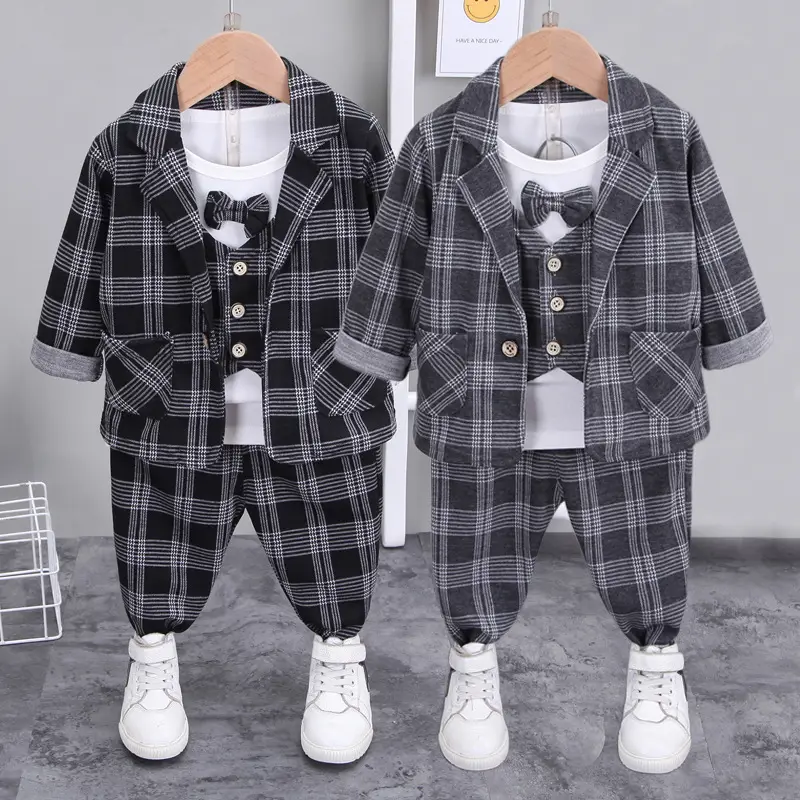 2021 Boys' Printed Cotton Suit Three-Piece Set Beige - Image 5