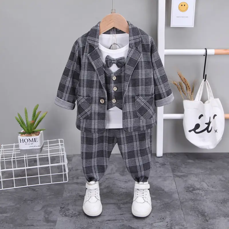 2021 Boys' Printed Cotton Suit Three-Piece Set Beige - Image 6