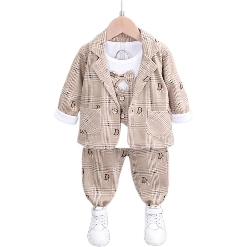 2021 Boys' Printed Cotton Suit Three-Piece Set Beige - Image 7