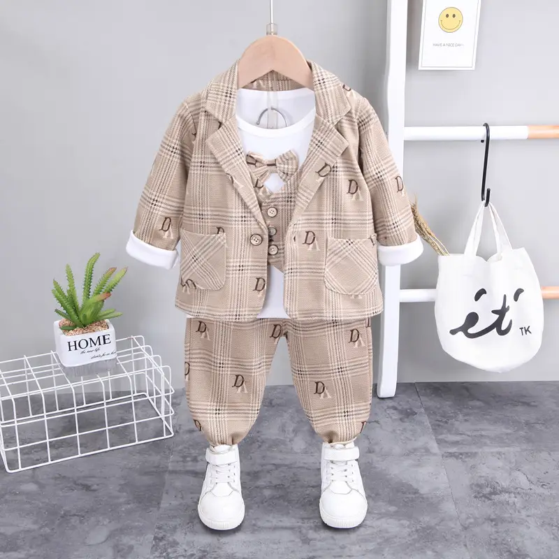 2021 Boys' Printed Cotton Suit Three-Piece Set Beige - Image 2